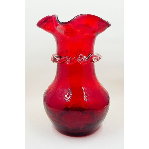 Kanawha Ruby Red Crackle Blown Glass Vase Applied Clear Rigaree Scroll - Picture 3 of 10